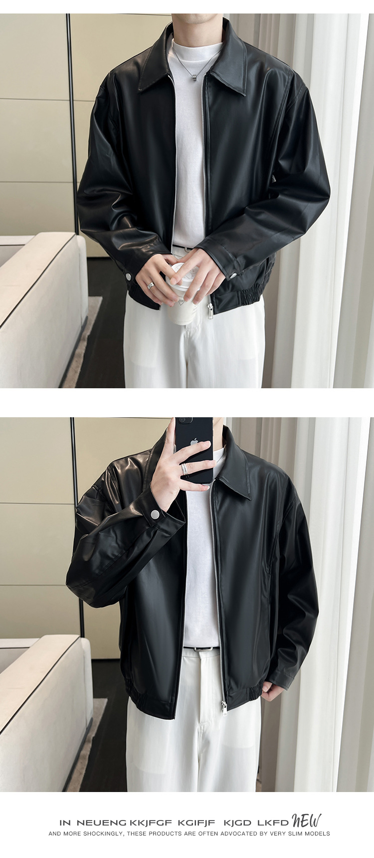 Men's Leather Jacket Black Loose Lapel Pu Leather Biker Style_voghion.com