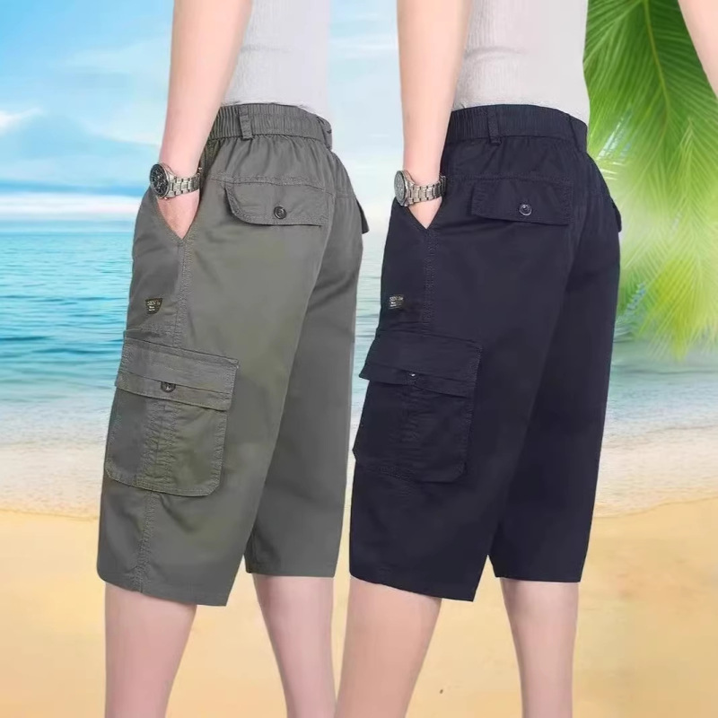 Deep Crotch High-Waisted Plus-Size Shorts for Men, Casual Pants with Multiple Pockets, Summer Pure Cotton Three-Quarter Pants, Elastic Waist Mid-Length Pants for Dad