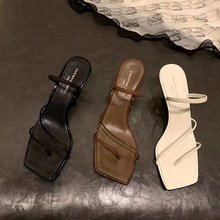 苏茵茵同款肯豆同款~法式方头真皮细带高跟凉鞋女拖鞋两穿