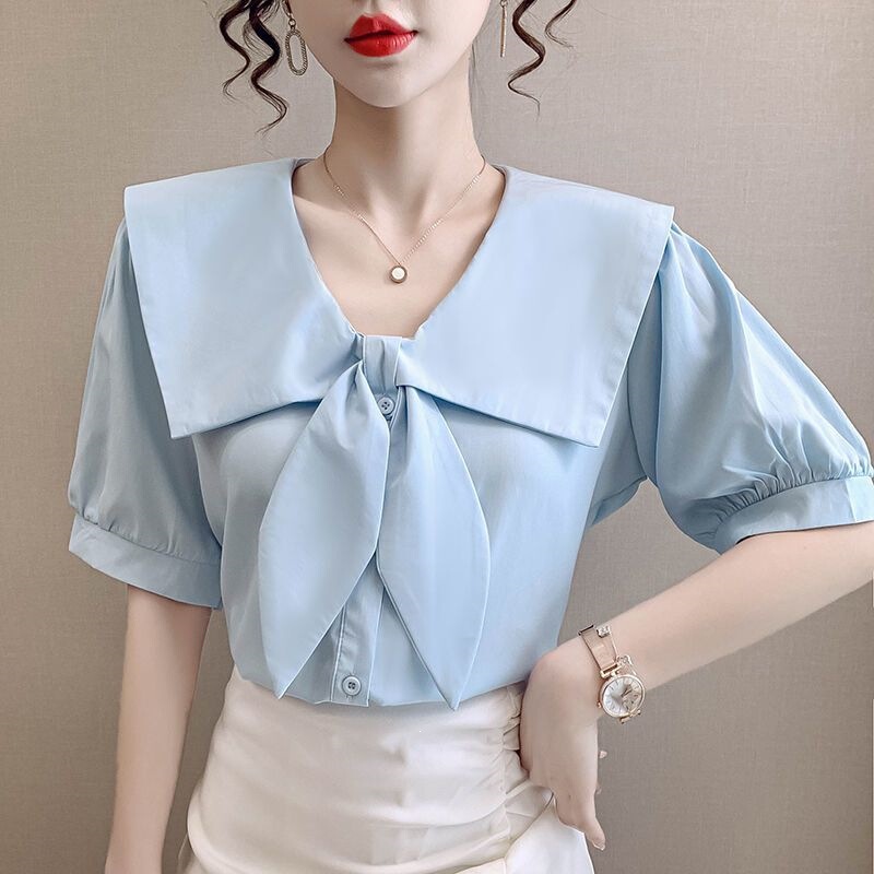 Short-Sleeved Shirt for Women 2026 Summer Design Niche Blue Shirt High-End French Bow Chic Top Short-Sleeved Shirt for Women 2026 Summer Design Niche Blue Shirt High-End French Bow Chic Top