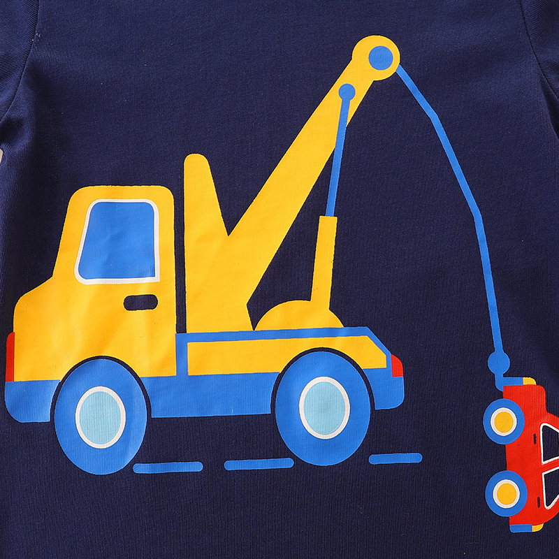 Camiseta de manga larga para niños estilo primavera y otoño con estampado de excavadora, estilo europeo y americano, camiseta básica con cuello redondo para niños pequeños.