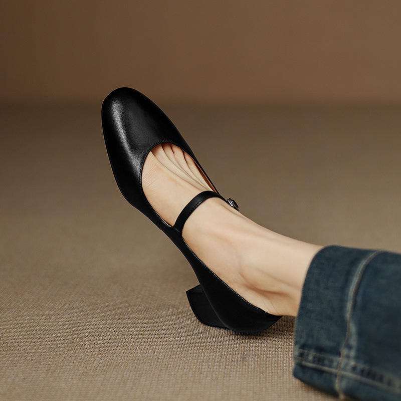 Giày Mary Jane nữ da bò mũi tròn quai ngang gót 5 cm phong cách retro — đen