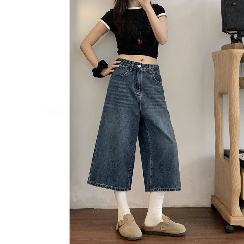 American High Street Retro Wide-Leg Cropped Denim Pants for Women Summer High-Waisted Large Size Slimming Loose Straight Shorts