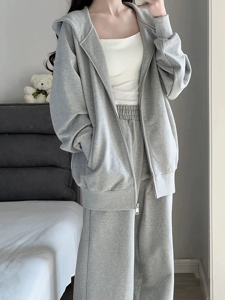 ActiveGo Casual Sports Suit Women, New Loose Hooded Gray Sweatshirt Wide-Leg Pants Two-Piece Set With Cardigan Jacket For Autumn_desvips.com