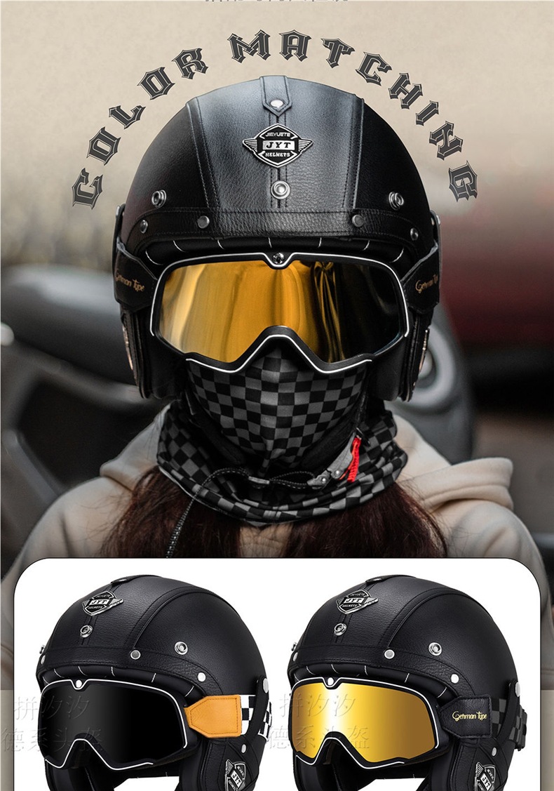 Retro 3/4 Motorcycle Half Helmet Cruiser Biker Leather Helmet