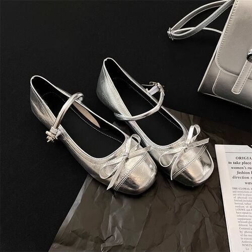 Silver Color Fitting Butterfly Knot Open-Toe Ballet Flats for Women Spring New French Style Flat Mary Jane Retro Leather Shoes