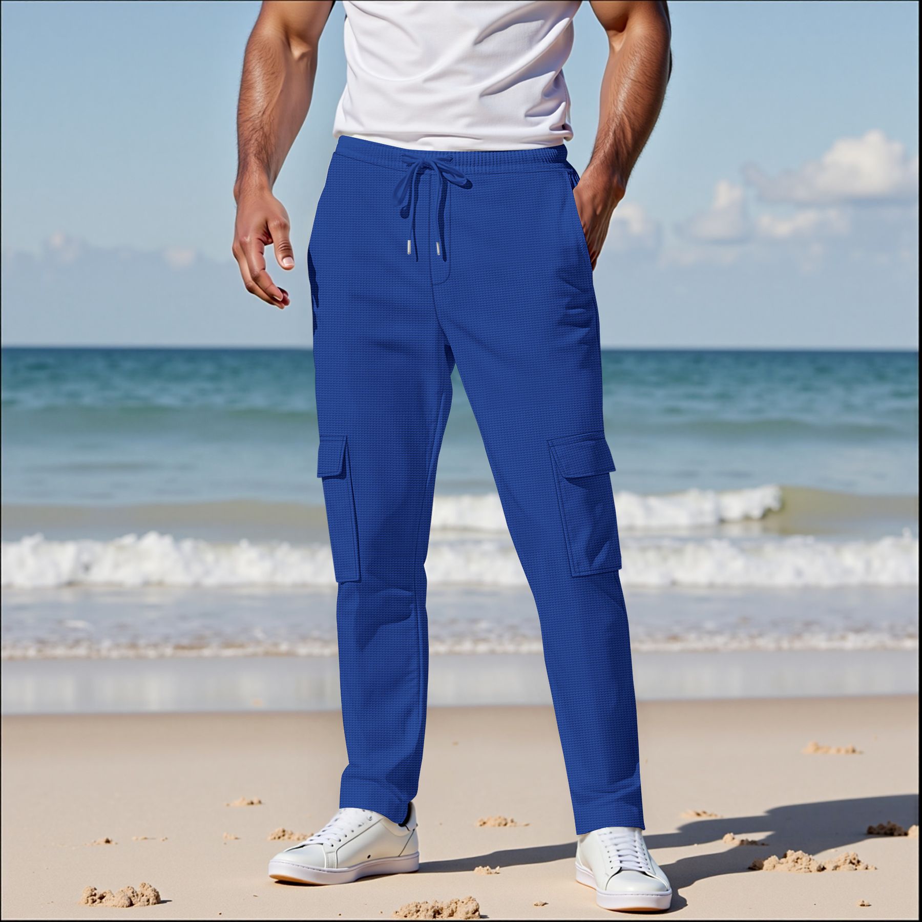 Men's Big & Tall Waffle Knit Cargo Pants - Breathable, Multi-Pocket, Straight Leg Workwear For Outdoor & Casual Wear (White, Gray, Black, Khaki, Navy)_voghion.com