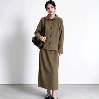 毛呢套装裙两件套秋女装穿搭一整套厚款保暖外套直筒裙这种套装冬