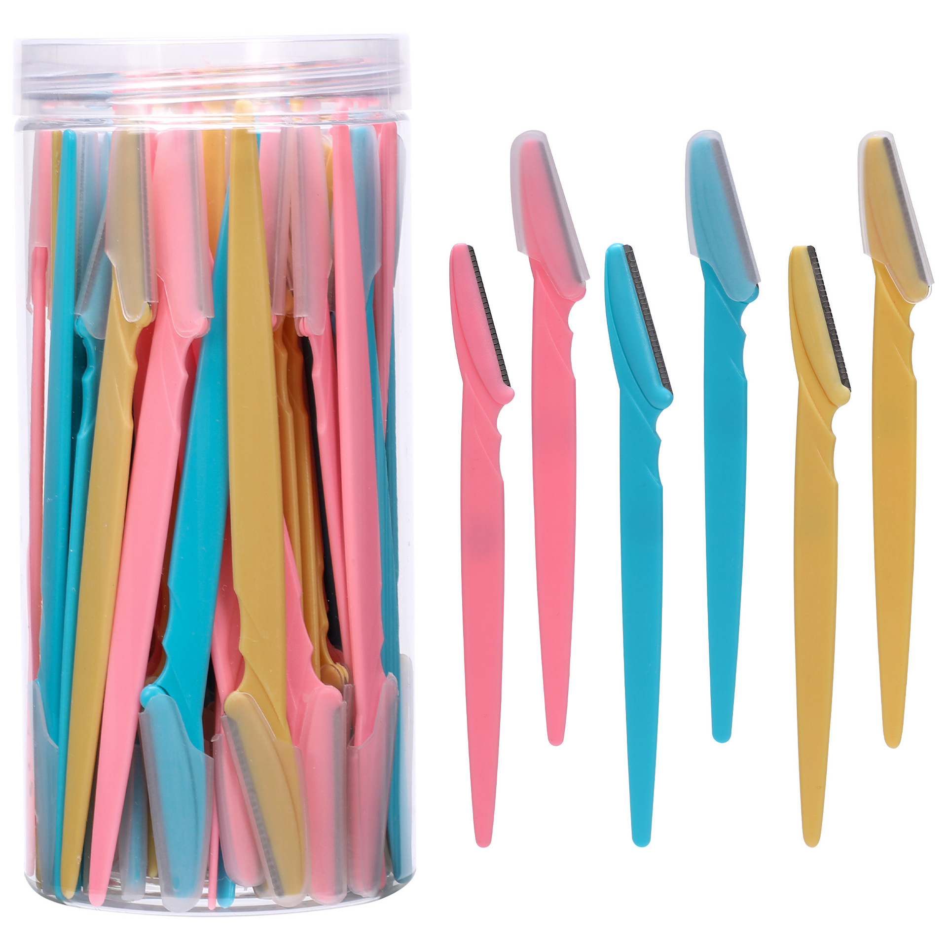 Explosión transfronteriza 40 latas con malla protectora, mango largo, cortador de cejas de acero inoxidable, raspador de cejas, herramienta de belleza anti-rayado