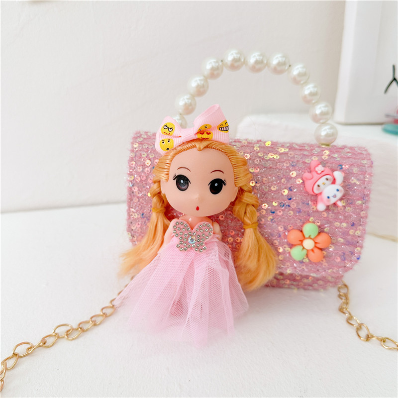 Nuevos niños estilo Chanel estilo bolsa moda perla bolso de hombro de dibujos animados muñeca bolsa de mensajero cadena