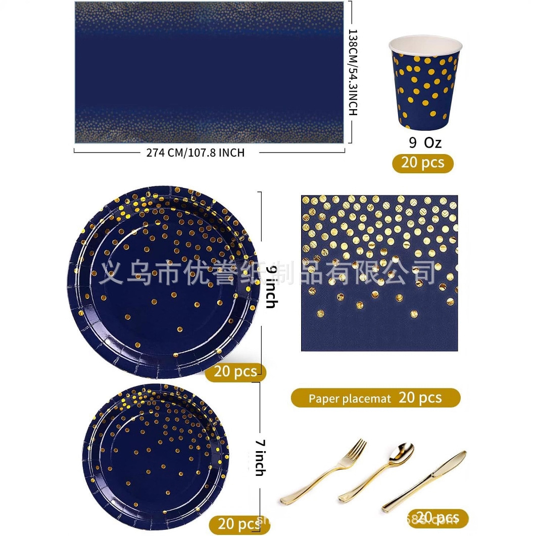Platos de papel azul marino con estampado dorado, servilletas de papel, juego de vajilla desechable, mantel para fiestas, ecológico, biodegradable, apto para alimentos, en caja.