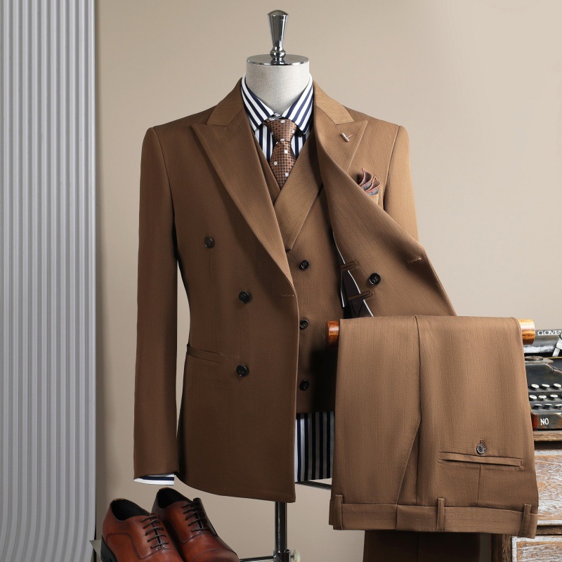 Men's Double Breasted Three Piece Suit Business Casual Korean Style Trendy Wedding Attire For Groomsmen Wrinkle Resistant_voghion.com