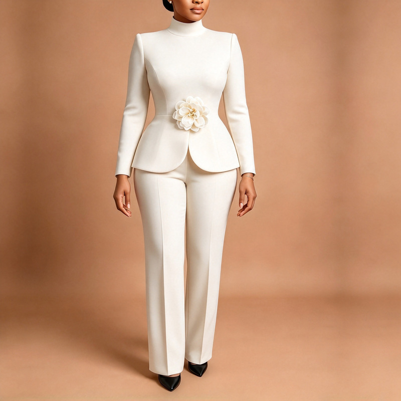 C8673 High-necked, three-dimensional floral, waist-cinching top and wide-leg pants set for women, European and American style, suitable for work and parties, two-piece set