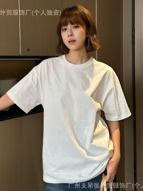 25lujia 高品質新花柄中空刺繍コットンラウンドネック半袖 Tシャツレターカジュアルルーズトップ|undefined