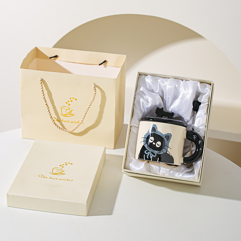 Cute gato gato taza de oficina taza de cerámica con taza de agua cubierta regalo pareja acompañante caja de regalo creativa de cumpleaños