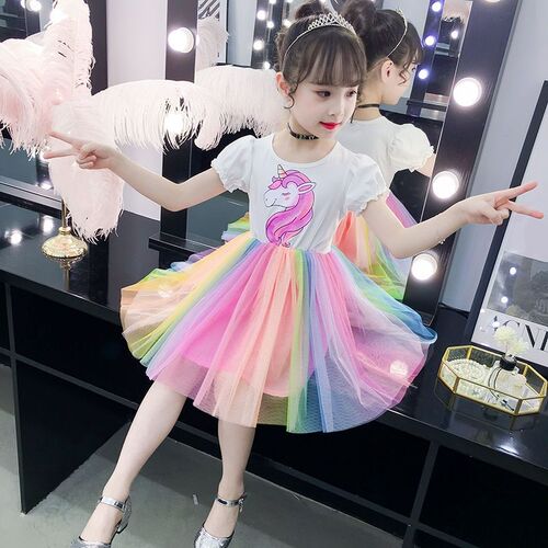 Children's clothing summer girls rainbow skirt dress 2024 new medium and large children's princess skirt little girl fashion skirt trendy