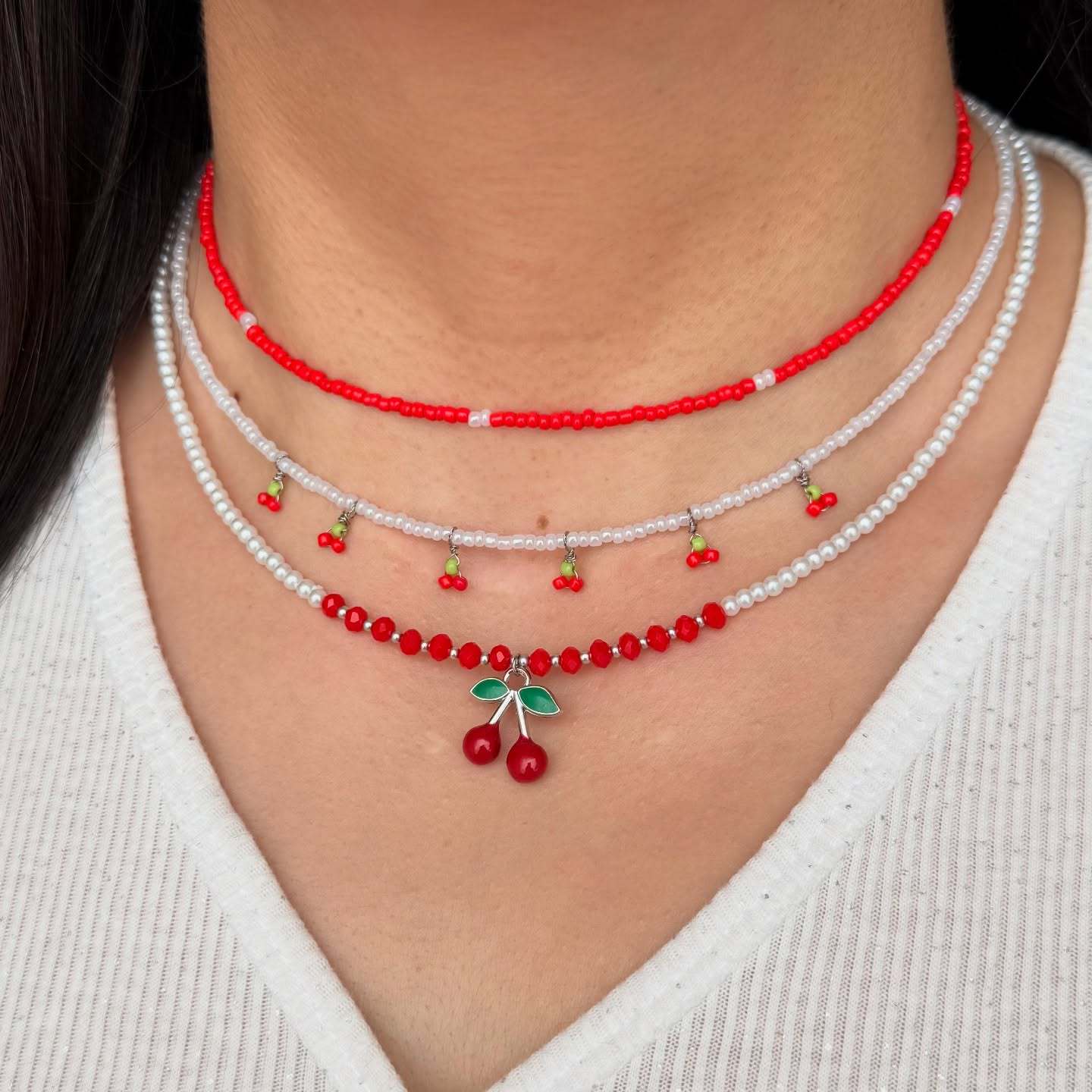 Fashion New Beautiful Cherry Set Multi-Layer Stacking Design Summer Fresh Rice Bead Chain Accessory_voghion.com