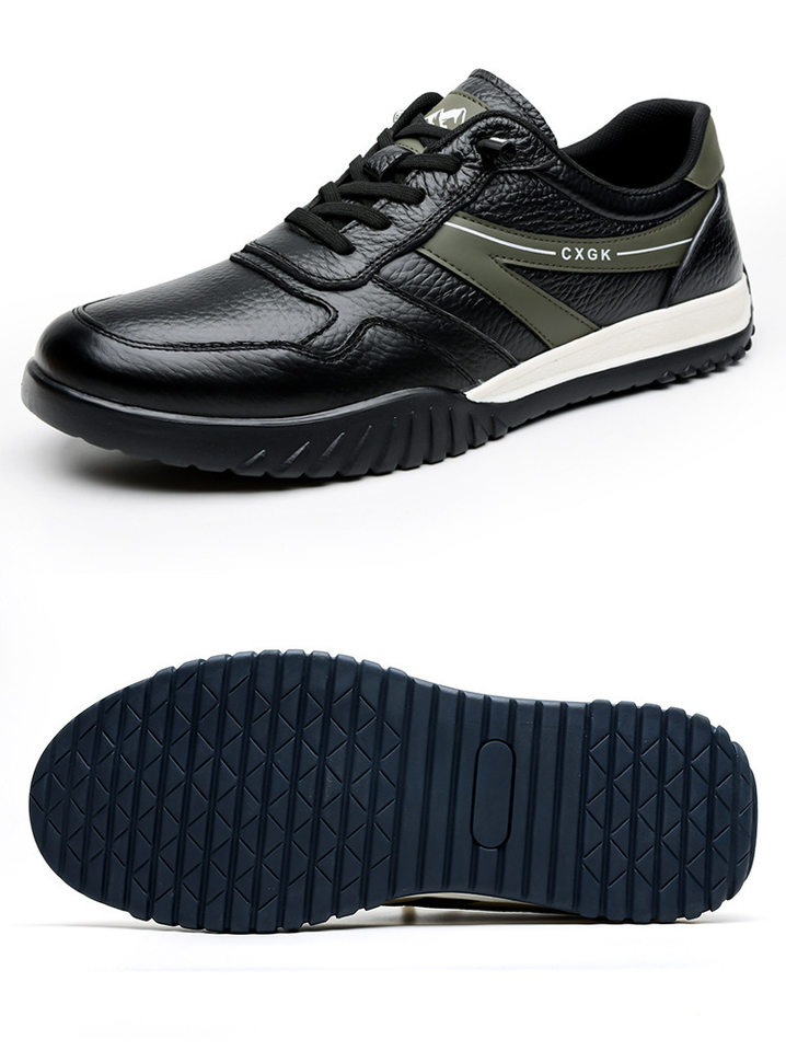 Giày thể thao nam da mềm đế mềm thoáng khí phối sọc, kiểu sneaker cổ thấp — màu trắng ngà, đen, Lớp đầu màu be 6002, Đen đầu lớp 6002 chi tiết 25