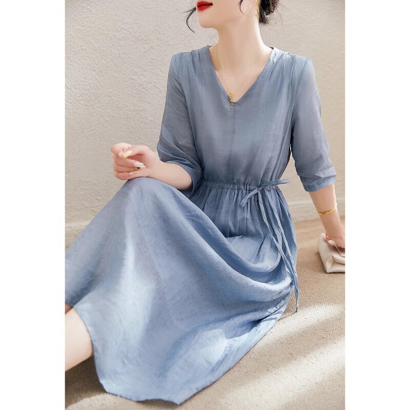 Ramie Jacquard Material, Artistic Dress, Tie-Waist Slimming Mid-Length Skirt with Large Hem, V-Neck Mid-Length Style