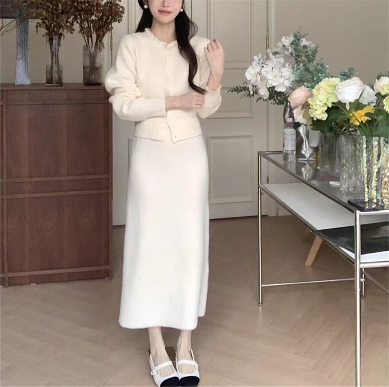 春秋新款长袖毛衣针织开衫重工钉珠温柔套装高腰半身长裙子两件套|undefined
