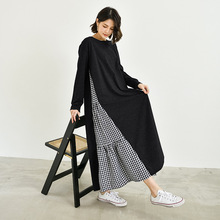 春季韩版宽松连衣裙大裙摆长袖长裙女拼接格子打底裙长款显瘦大码