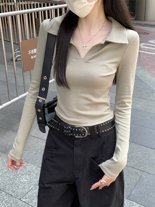 2025秋季新款韩版polo领短款内搭针织衫打底毛衣女设计感修身上衣|undefined