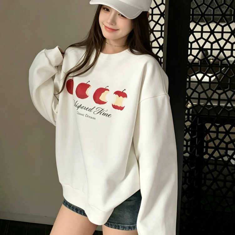 White crew-neck fleece sweatshirt for women, new autumn/winter style, featuring an American cartoon apple print, fashionable and versatile, with a loose fit White crew-neck fleece sweatshirt for women, new autumn/winter style, featuring an American cartoon apple print, fashionable and versatile, with a loose fit