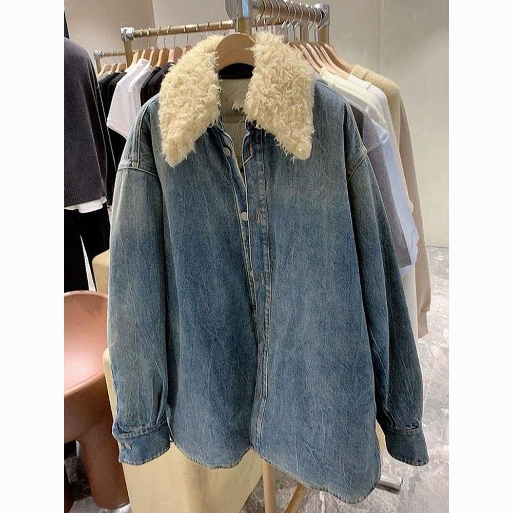 新年战袍百搭牛仔羊羔毛领秋冬季韩版加厚新款宽松棉衣外套女