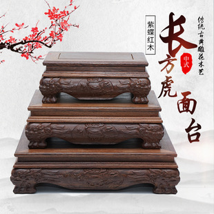 Rectangular Tiger Face Table Red Wooden Crafts Base Solid Wood Relief Stone Flower Pot Base