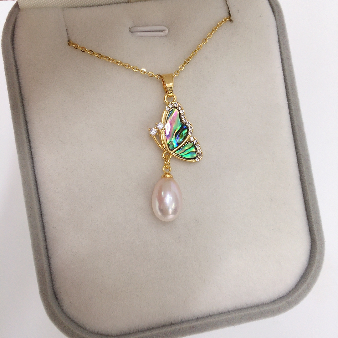 Zhuji Pearl Natural Freshwater Pearl Pendant Abalone Fritillary Small Fresh Butterfly Water Drop Pearl Necklace Gift