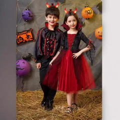 子供用ハロウィンコスチューム、吸血鬼のマント、パフォーマンス衣装、女の子用プリンセス服、男の子用迷彩メイク、ホラー
