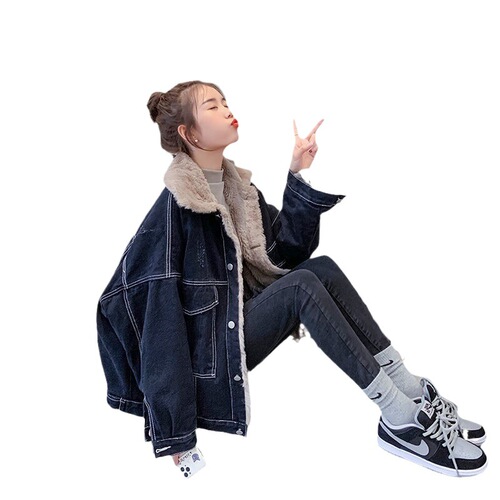 Autumn/Winter 2025 New Korean Loose Fleece Lined Thick Denim Jacket for Women Fashionable Versatile Lamb's Wool Ins Trendy