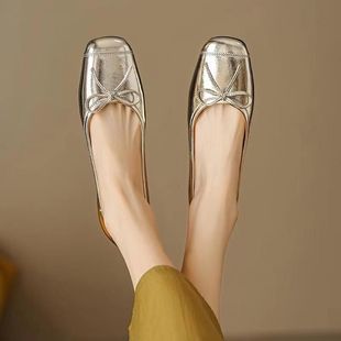 Factory Wholesale plus size Square Toe Shoes Bow Shoes Women's Flat Autumn New Retro Commuter Milk Shoes