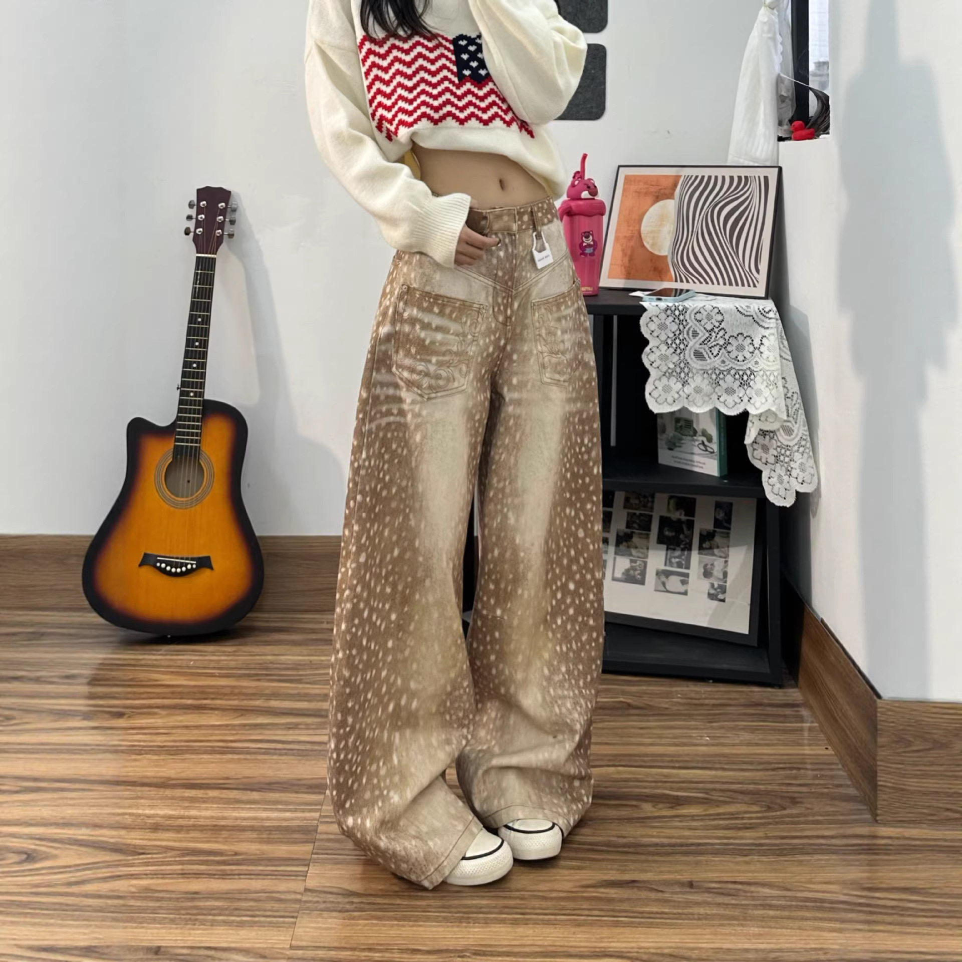 Women's Clothing Women's Retro Deer Print Wide Leg Jeans Loose Fit Floor Length Spring Style For Formal & Casual For Women_voghion.com