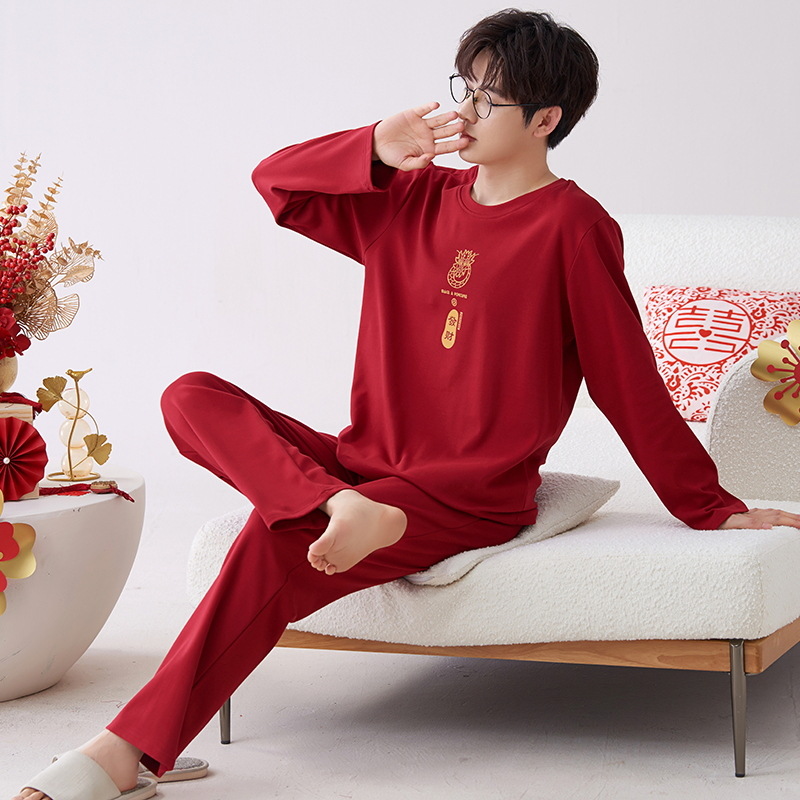 Venta al por mayor de primavera y otoño pijamas de algodón puro de los hombres de la boda jersey rojo más tamaño casual ropa de abrigo ropa de casa de dos piezas conjunto