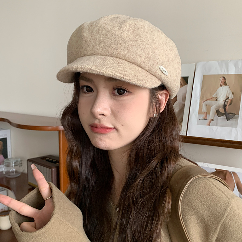 Boina de lana de mujeres de otoño y invierno moda versátil tendencia muestra cara pequeña gorra pintora gorra de boca de pato retró gorra de octogono