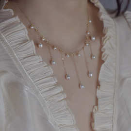天然淡水珍珠流苏女式项链时尚设计感高级华丽半天星锁骨链