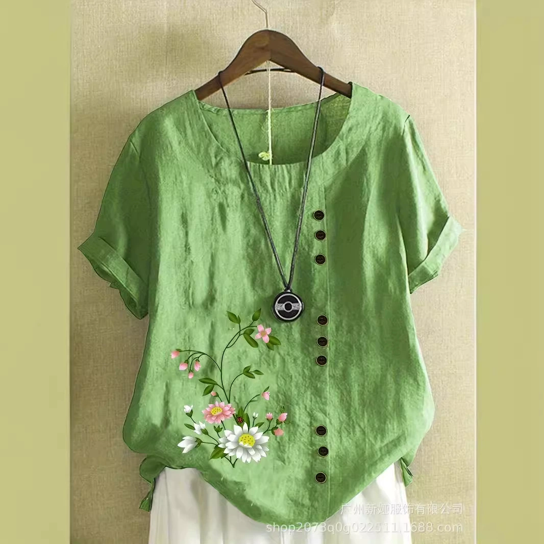 2023 Трансграничная внешняя торговля Amazon весна и лето новый печатный набор с короткими рукавами свободная повседневная большая женщина