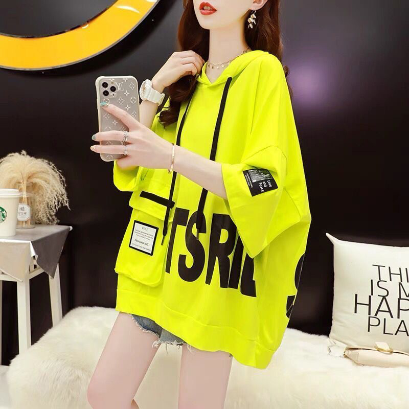 200kg large size women's fat sister mm summer hooded short sleeve T-shirt loose color matching pocket jacket women Wholesale 200kg large size women's fat sister mm summer hooded short sleeve T-shirt loose color matching pocket jacket women Wholesale