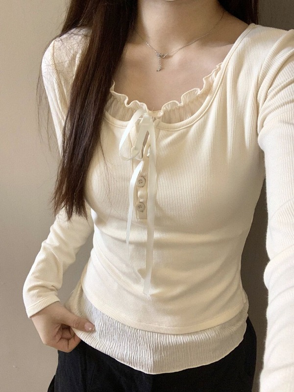 假两件内搭打底衫女新款秋季chic修身正肩长袖白色短款上衣小个子|undefined