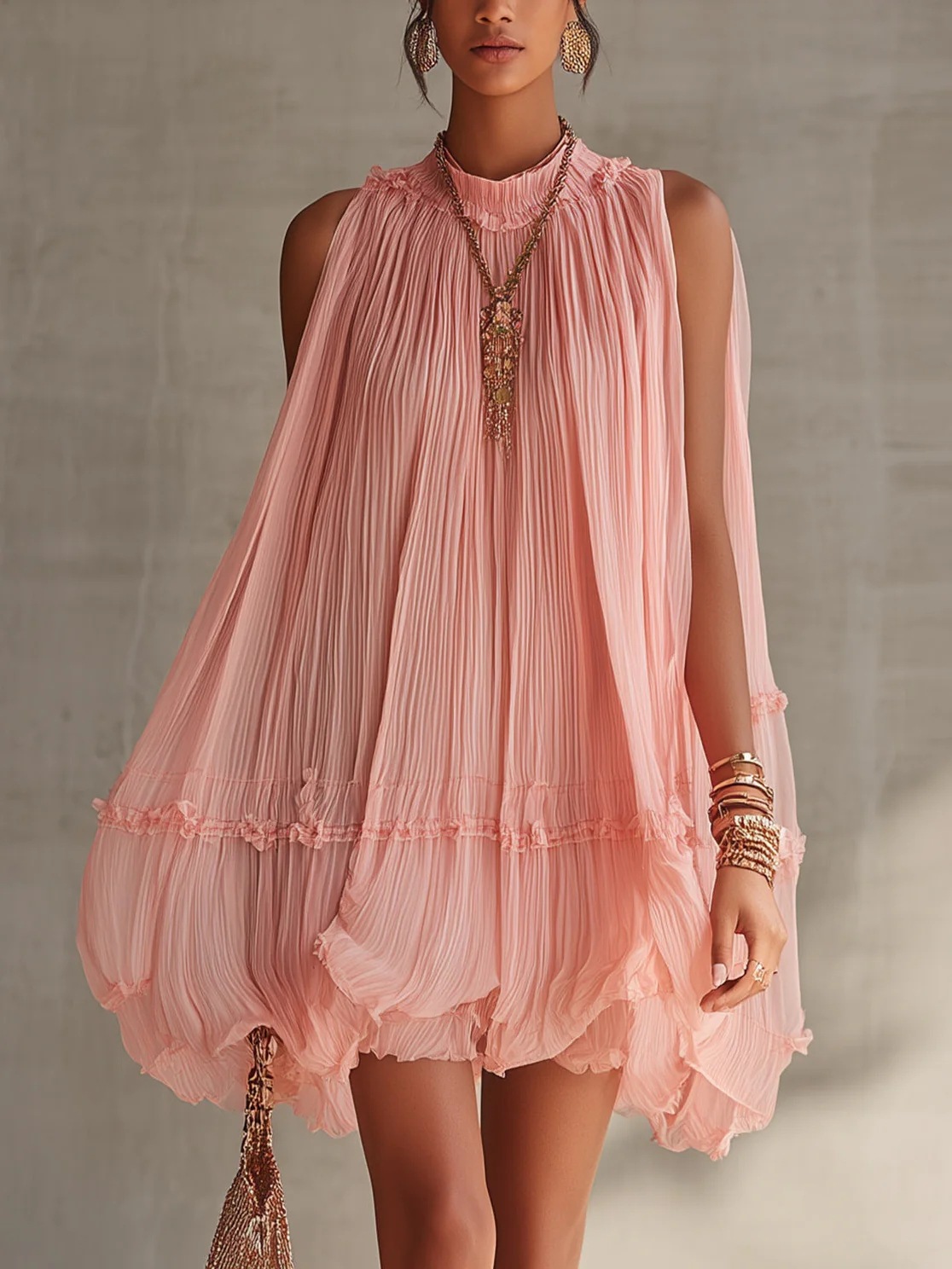 Sleeveless Pleated Short Skirt for Women, Loose Fit, Flared Hem, Ruffled Edge, Pleated A-Line Babydoll Dress, Vacation Short Dress