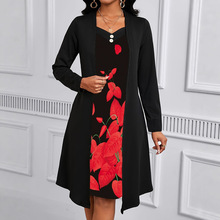 2025年欧美跨境秋冬外贸新款数码印花假两件套秋冬长袖中长连衣裙