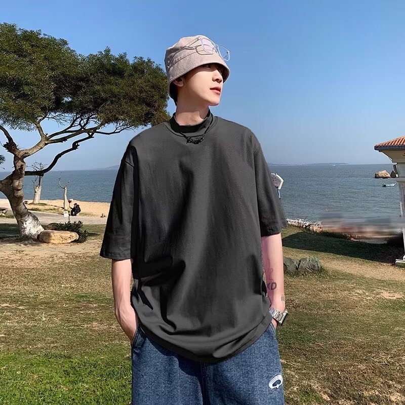 여름 반팔 티셔츠 남성용 인 슈퍼 핫 루즈 캐주얼 하프 터틀넥 반팔 셔츠 트렌디하고 핸섬한 다용도 탑