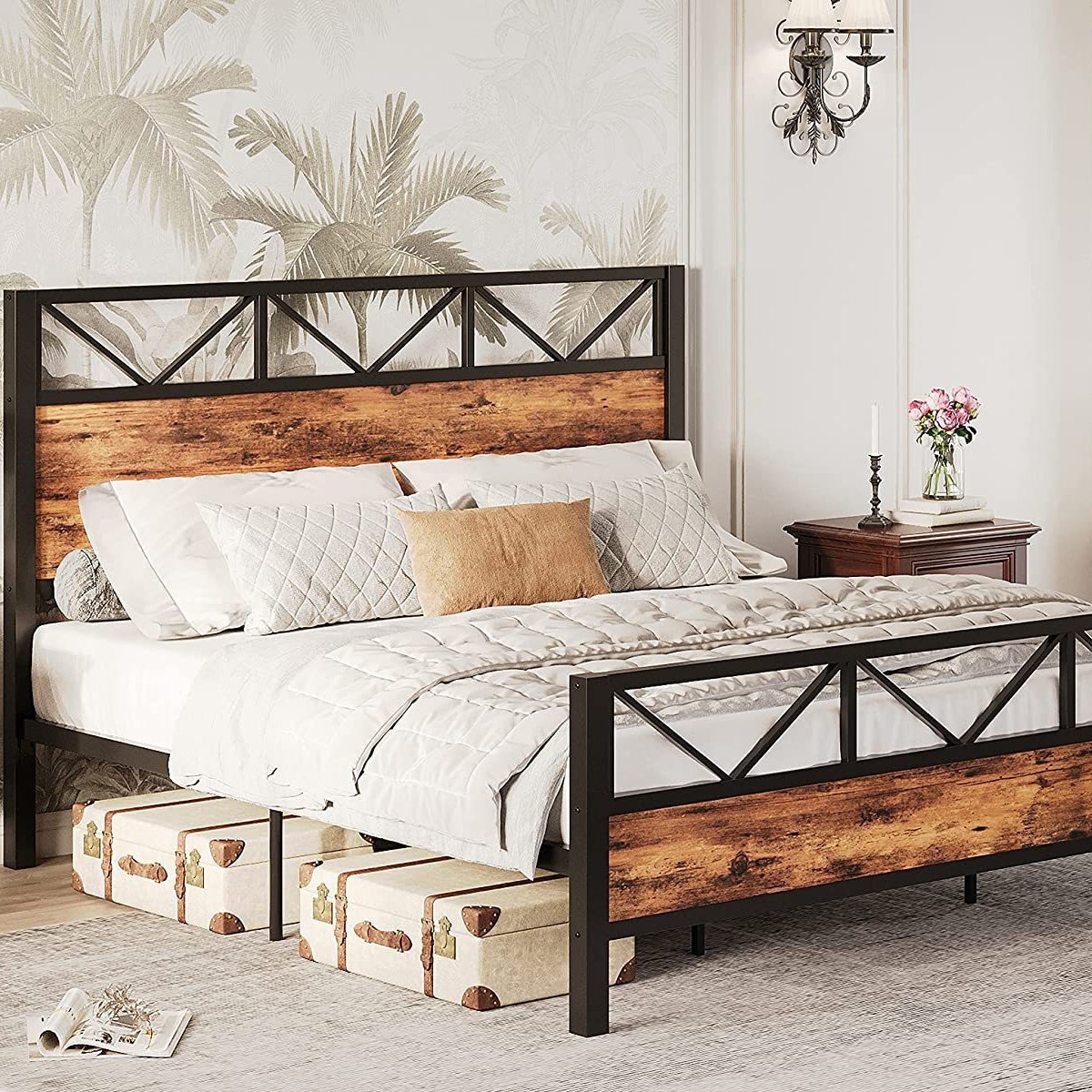 Queen Size Twin Metal Frame Sturdy Noise Free No Box Spring Needed Easy Assembly Industrial Headboard Bed Frame