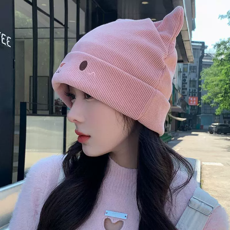 冬季月子帽女针织堆堆帽孕妇毛线帽护耳显小脸可爱骑行包头帽子