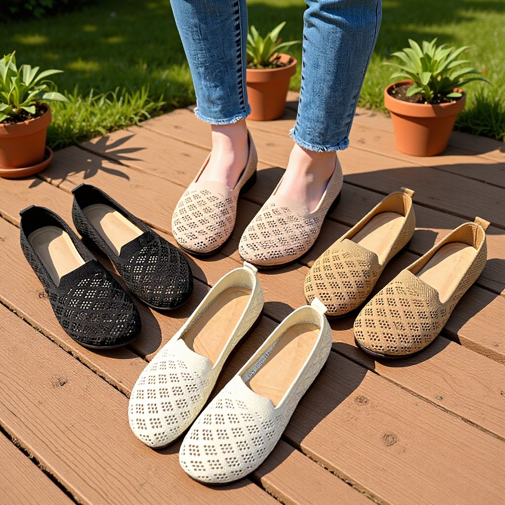 One-legged beanie shoes, soft-soled, mesh fly-knitted granny shoes for women, 2024 autumn new style, breathable, comfortable, shallow mouth