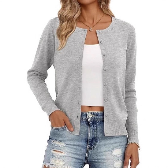 2025 Women's Cardigan Sweater Lightweight Round Neck Clothing Autumn Fashion Casual Core-Spun Yarn Sweater