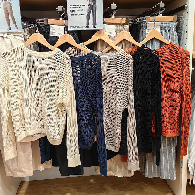 Spring and Summer 2024 New Women's Mesh Hollow Knitwear Loose Crewneck Long Sleeve Top Pullover S468788