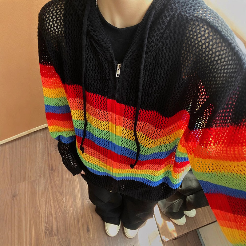 Rainbow Contrast Hollow Knitted Shirt Jacket Men's Spring and Autumn Dopamine Wear Drying Ice Silk Sunscreen Blouse