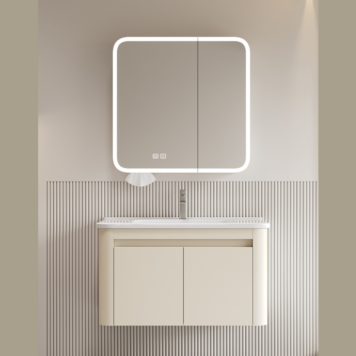 gabinete de baño de panal de aluminio espacial esquina redondeada integral cerámica lavabo combinado lavabo espejo inteligente de belleza